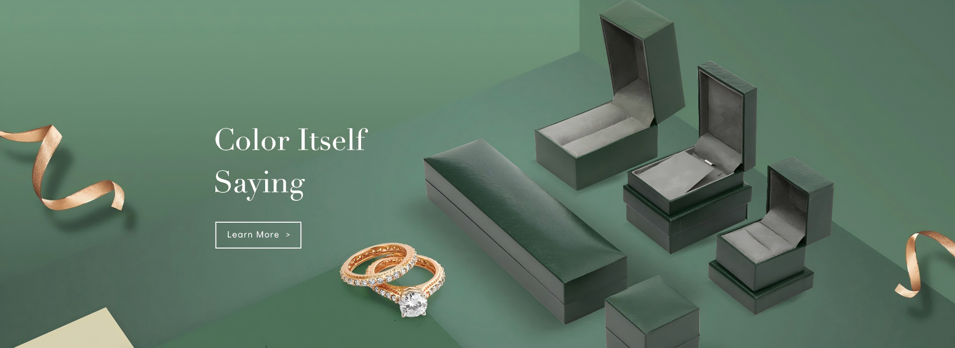 Green luxury jewelry packaging with ring boxes